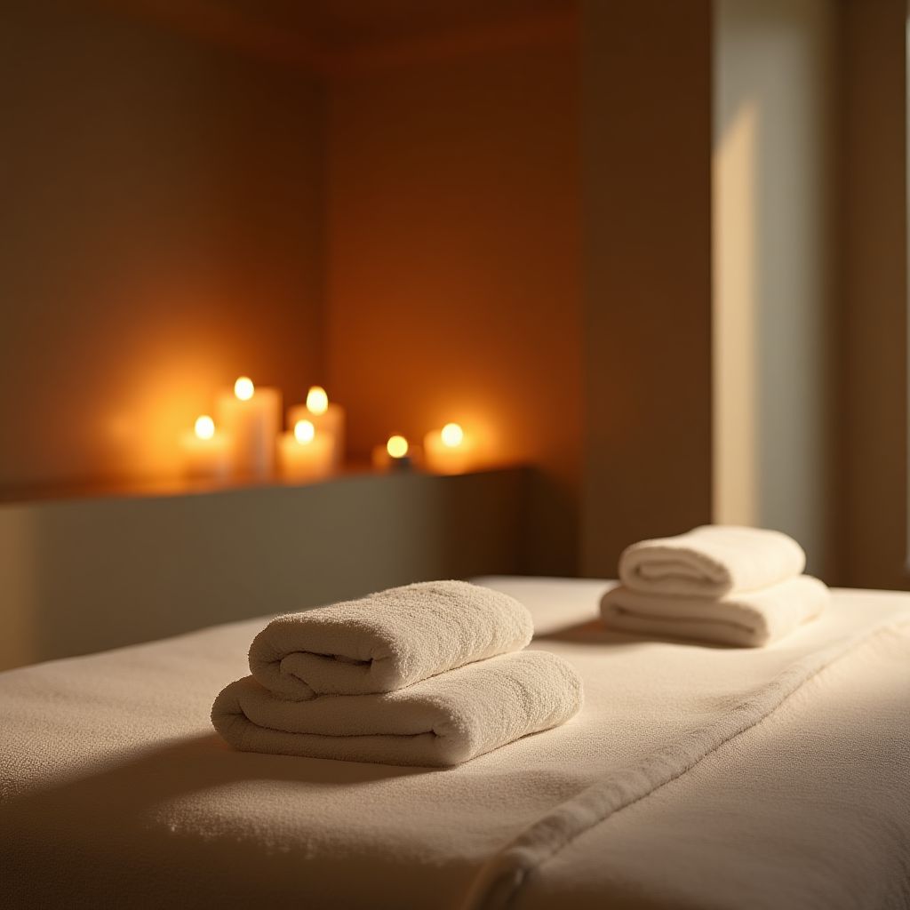 Een serene spa-ruimte met zachte verlichting en massagetafels.