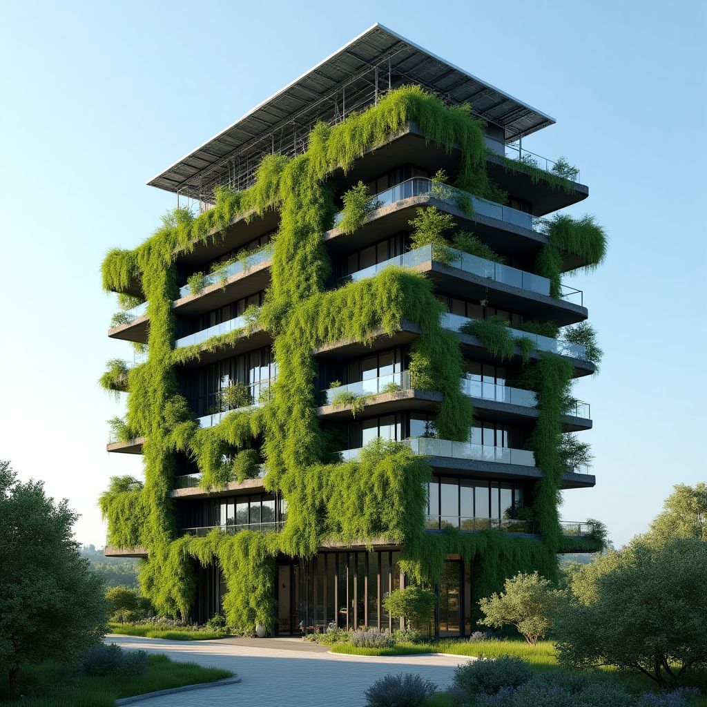Een moderne hotelfaçade bedekt met groene planten en zonnepanelen op het dak.